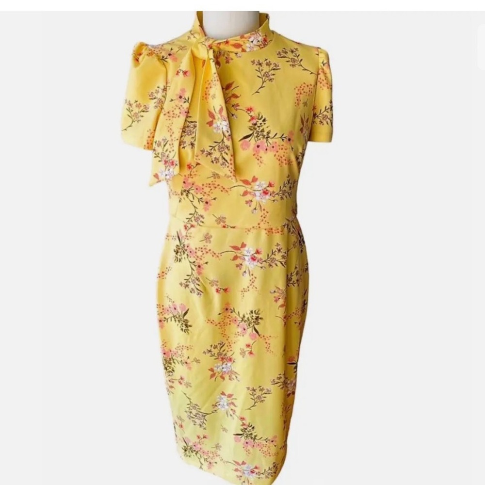 🌹Liz Claiborne women’s yellow passion flower print pencil midi dress side bow